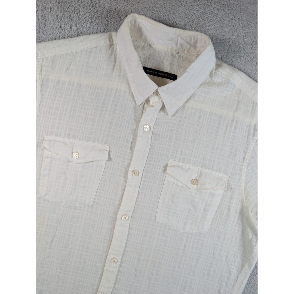 John Varvatos USA Mens White Textured Grid Short Sleeve Button Down Shirt M